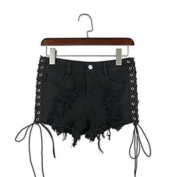 Women's Ripped Hole Denim Shorts Side Straps Sexy Mini Hot Pants(Black S)