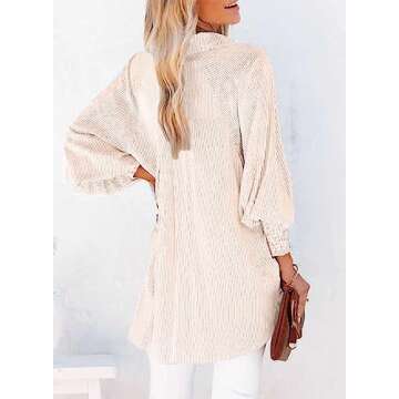 Women's Smocked Cuffed Striped Boyfriend Shirt Casual Collar Long Sleeve Button Down Blouse Tops wit...