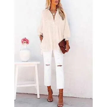 Women's Smocked Cuffed Striped Boyfriend Shirt Casual Collar Long Sleeve Button Down Blouse Tops with Pocket Shirred Nude