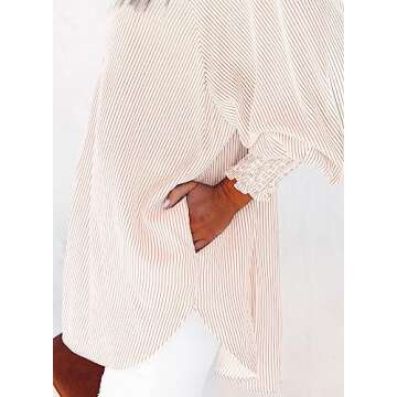 Women's Smocked Cuffed Striped Boyfriend Shirt Casual Collar Long Sleeve Button Down Blouse Tops with Pocket Shirred Nude