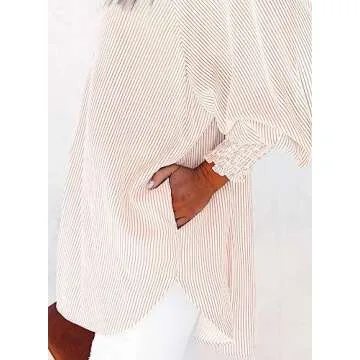 Women's Smocked Cuffed Striped Boyfriend Shirt Casual Collar Long Sleeve Button Down Blouse Tops with Pocket Shirred Nude