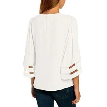 LookbookStore Women Vneck Mesh Panel Beige T Shirts for Women V Neck Casual V Neck 3/4 Bell Sleeve B...