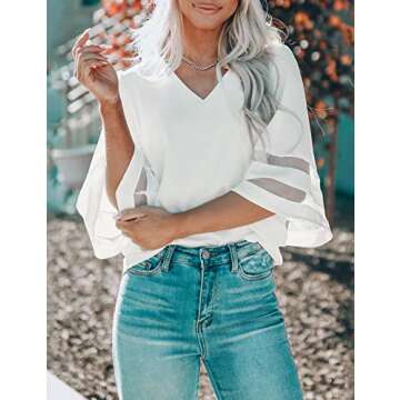 LookbookStore Women Vneck Mesh Panel Beige T Shirts for Women V Neck Casual V Neck 3/4 Bell Sleeve Blouse Loose Business Work Blouse and Tops Size Small