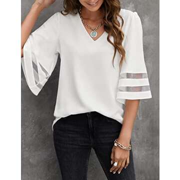 LookbookStore Women Vneck Mesh Panel Beige T Shirts for Women V Neck Casual V Neck 3/4 Bell Sleeve Blouse Loose Business Work Blouse and Tops Size Small