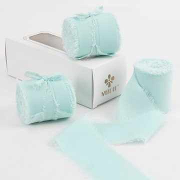 MEEDEE Chiffon Ribbon 2 Inch Frayed Ribbon Aqua Chiffon Ribbon Fringe Chiffon Silk Ribbon for Crafts...