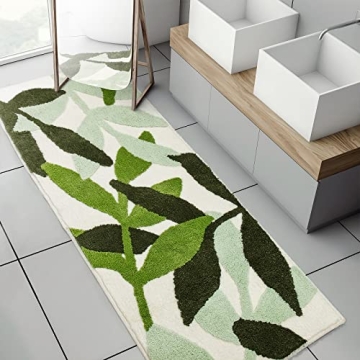 UNIBATH Leaf Bathroom Runner Rug 24x60 Non Slip Long Bathroom Rugs Green Extra Large Bath Runner Rug...