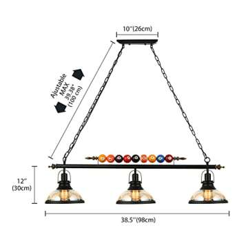 Industrial Vintage Chandelier - LITFAD 3 Lights Island Light Edison Metal Pendant Lamp Fixture with Glass Shade Special Billiard Ball Decoration in Black Finish for Restaurant Dining Room, UL Listed