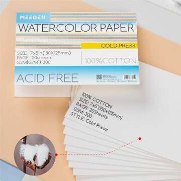 MEEDEN Watercolor Paper Block, 100% Cotton Watercolor Paper Pad of 20 Sheets, 140lb/300gsm, Acid-Free Art Paper for Watercolor, Gouache, Ink and More, 5" x 7" Cold Press