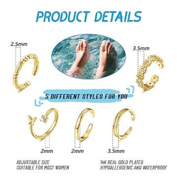 Awinesn 5pcs 14K Gold Plated Toe Rings Set - Adjustable Floral Rings