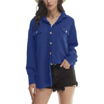 Yanekop Waffle Knit Button Down Shirt Women Oversized Waffle Shacket Outfit Jackets Fall Outerwear Jacket(A Royal Blue,S)