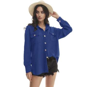 Yanekop Waffle Knit Button Down Shirt Women Oversized Waffle Shacket Outfit Jackets Fall Outerwear Jacket(A Royal Blue,S)
