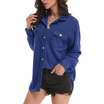 Yanekop Waffle Knit Button Down Shirt Women Oversized Waffle Shacket Outfit Jackets Fall Outerwear Jacket(A Royal Blue,S)