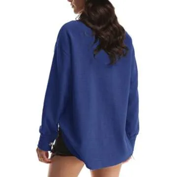 Yanekop Waffle Knit Button Down Shirt Women Oversized Waffle Shacket Outfit Jackets Fall Outerwear Jacket(A Royal Blue,S)