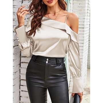 ZAFUL Women's Satin-Silk-Tops 2024 Off The Shoulder Dressy Blouse for Party Casual Long-Sleeve Elega...
