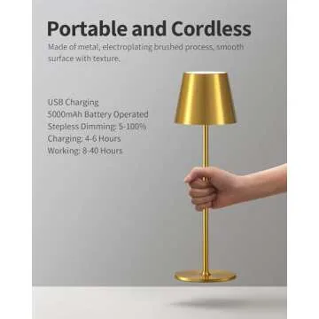 PUSU Cordless Rechargeable Table Lamp Set of 2, 4000mAh Battery Powered LED Desk Lamp, 3 Color Stepless Dimming Up, Portable Table Light Lamp for Bedroom Restaurant Outdoor (Gold)