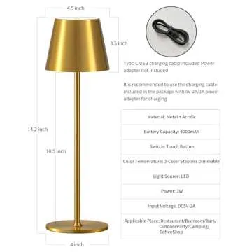 PUSU Cordless Rechargeable Table Lamp Set of 2, 4000mAh Battery Powered LED Desk Lamp, 3 Color Stepless Dimming Up, Portable Table Light Lamp for Bedroom Restaurant Outdoor (Gold)