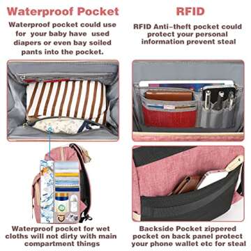 Jiefeike Diaper Bag Backpack, Pink Baby Girls Diaper Bag for Mom, Travel Baby Bags Backpack for Women, Insulated Pockets Portable toddler diaper bag with USB Charging Port, RFID Anti-Theft Pocket