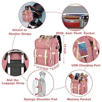 Jiefeike Diaper Bag Backpack, Pink Baby Girls Diaper Bag for Mom, Travel Baby Bags Backpack for Women, Insulated Pockets Portable toddler diaper bag with USB Charging Port, RFID Anti-Theft Pocket