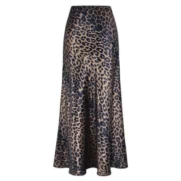 Amy Babe Women's Satin Silky High Waist Maxi Skirt Elegant Elastic Waistband A Line Long Skirts (Leopard Brown, X-Large)