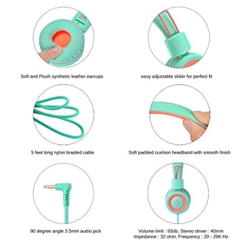 noot products Kids Headphones K11 Foldable Stereo Tangle-Free 5ft Long Cord 3.5mm Jack Plug in Wired On-Ear Headset for iPad/Amazon Kindle,Fire/Boys/Girls/School/Tablet/Laptop(Mint/Coral)