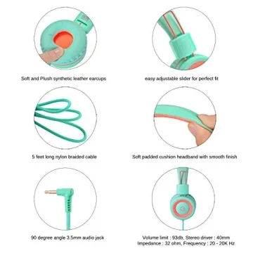 noot products Kids Headphones K11 Foldable Stereo Tangle-Free 5ft Long Cord 3.5mm Jack Plug in Wired On-Ear Headset for iPad/Amazon Kindle,Fire/Boys/Girls/School/Tablet/Laptop(Mint/Coral)