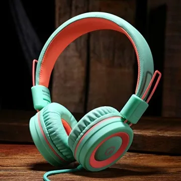 noot products Kids Headphones K11 Foldable Stereo Tangle-Free 5ft Long Cord 3.5mm Jack Plug in Wired On-Ear Headset for iPad/Amazon Kindle,Fire/Boys/Girls/School/Tablet/Laptop(Mint/Coral)