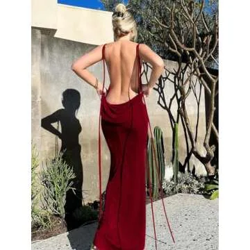 Volemo Women’s 2024 Summer Spaghetti Strap Bodycon Dresses Backless Sleeveless Maxi Cocktail Formal Dress Dress Dark Red S