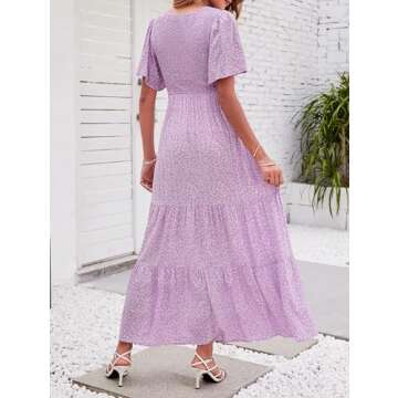 ZESICA Women's Summer Casual Floral Print Short Flutter Sleeve Crew Neck Smocked High Waist Flowy Maxi Dress,Purple,Medium