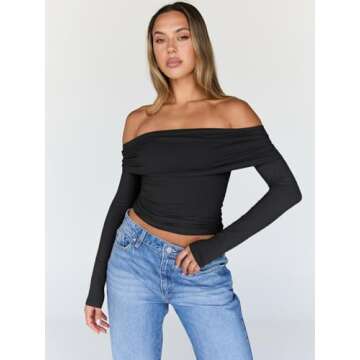 Trendy Queen Women Long Sleeve Shirts Off Shoulder Tops Going Out Crop Sexy Slim Fitted Y2K Fall Out...