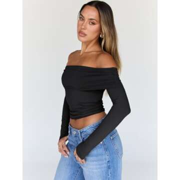 Trendy Queen Women Long Sleeve Shirts Off Shoulder Tops Going Out Crop Sexy Slim Fitted Y2K Fall Outfits 2025 Fashion Clothes Black S