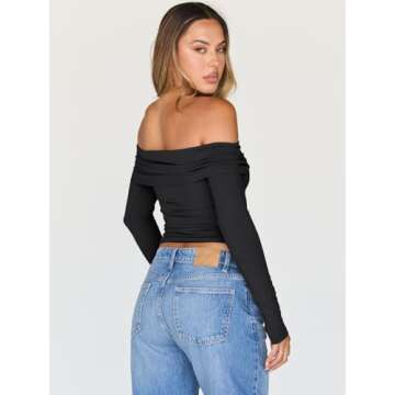 Trendy Queen Women Long Sleeve Shirts Off Shoulder Tops Going Out Crop Sexy Slim Fitted Y2K Fall Outfits 2025 Fashion Clothes Black S