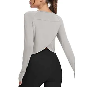 Bestisun Split Back Workout Long Sleeve Shirts Exercise Sports Clothes Activewear Running Tops for Women Gray S