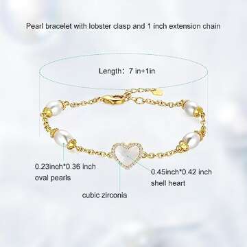 AiliFe Pearl Heart Bracelets for Women valentines Gift, Cubic Zirconic Shell Gold Plated Charm with 7+2 Inch Extension Chain (Shell Heart Bracelet)