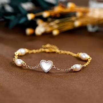 AiliFe Pearl Heart Bracelets for Women valentines Gift, Cubic Zirconic Shell Gold Plated Charm with 7+2 Inch Extension Chain (Shell Heart Bracelet)