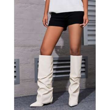 MOTIMODEN Women’s Chic Knee High Boots - Fold Over High Heel Pointed Toe in Black & White