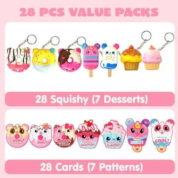 JOYIN 28 Packs Dessert squishy toys Stress Relief Keychains with Cards for Classroom Exchange Prizes...