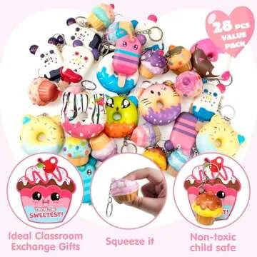 JOYIN 28 Packs Dessert squishy toys Stress Relief Keychains with Cards for Classroom Exchange Prizes, Fidget Toy Valentine’s Greeting Cards, Valentine Party Favors, Valentine Exchange Gifts