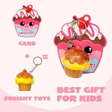 JOYIN 28 Packs Dessert squishy toys Stress Relief Keychains with Cards for Classroom Exchange Prizes, Fidget Toy Valentine’s Greeting Cards, Valentine Party Favors, Valentine Exchange Gifts