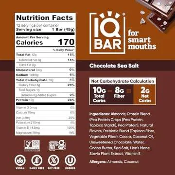 IQBAR Brain and Body Plant Protein Bars - Chocolate Sea Salt - 36-Count Low Carb - Gluten Free, High Fiber, Vegan Snacks - Low Sugar Meal Replacement
