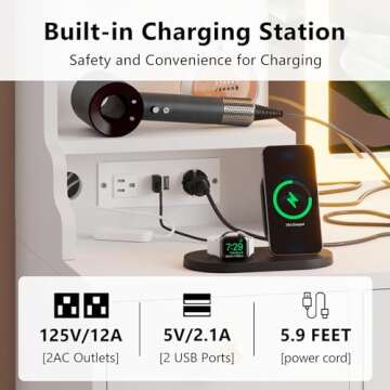 White Makeup Vanity Desk with Mirror and Lights, Large Vanity Table Set with Charging Station, Dress...