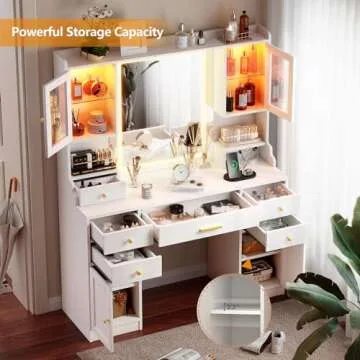 White Makeup Vanity Desk with Mirror and Lights, Large Vanity Table Set with Charging Station, Dressing Table with RGB Cabinets, Makeup Vanity Mirror with Lights Desk and Drawers, 3 LED Lights Modes