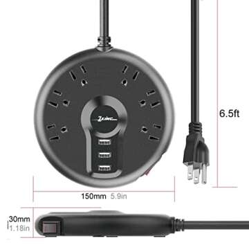 ZSIMC Power Strip, 6 Outlets and 3 USB Ports 6.5FT Long Extension Cord, Circle Socket Overload Surge...
