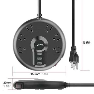 ZSIMC Power Strip, 6 Outlets and 3 USB Ports 6.5FT Long Extension Cord, Circle Socket Overload Surge...