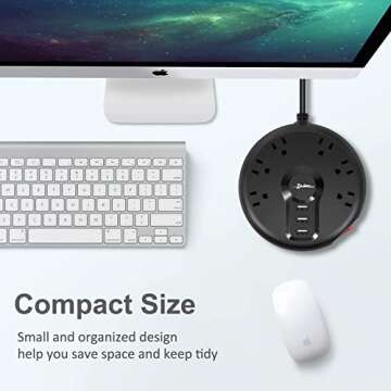 ZSIMC Power Strip, 6 Outlets and 3 USB Ports 6.5FT Long Extension Cord, Circle Socket Overload Surge Protector, 100% Copper Core, Flat Plug Charging Station Compact for Office, Home, Travel (Black)
