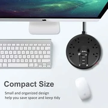 ZSIMC Power Strip, 6 Outlets and 3 USB Ports 6.5FT Long Extension Cord, Circle Socket Overload Surge Protector, 100% Copper Core, Flat Plug Charging Station Compact for Office, Home, Travel (Black)