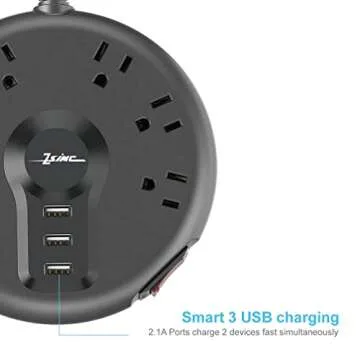 ZSIMC Power Strip, 6 Outlets and 3 USB Ports 6.5FT Long Extension Cord, Circle Socket Overload Surge Protector, 100% Copper Core, Flat Plug Charging Station Compact for Office, Home, Travel (Black)