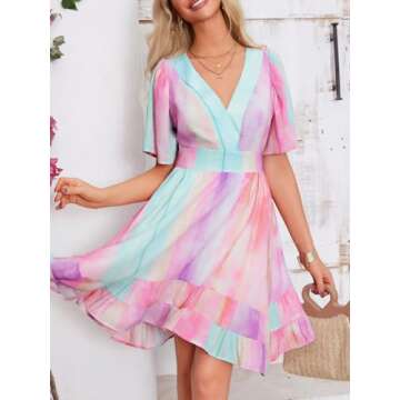 Esobo Women's Summer V-Neck Short Sleeve Flared Dresses Solid Color Casual Ruffle Hem Mini Swing Ska...