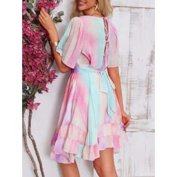 Esobo Women's Summer V-Neck Short Sleeve Flared Dresses Solid Color Casual Ruffle Hem Mini Swing Skater Dress