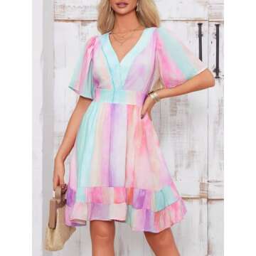 Esobo Women's Summer V-Neck Short Sleeve Flared Dresses Solid Color Casual Ruffle Hem Mini Swing Skater Dress