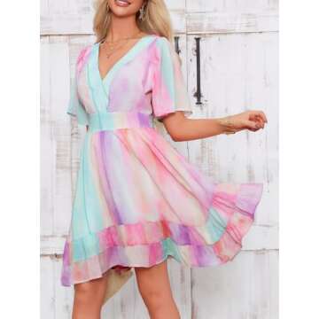 Esobo Women's Summer V-Neck Short Sleeve Flared Dresses Solid Color Casual Ruffle Hem Mini Swing Skater Dress
